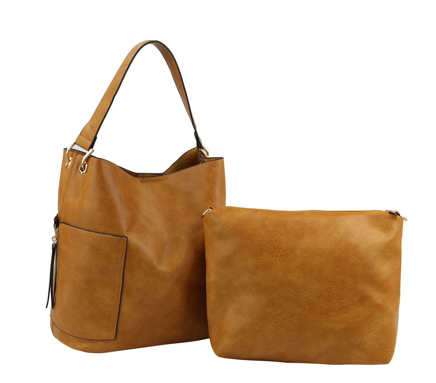 The End Pocket Hobo Two Piece Handbag Set features a tan faux leather hobo bag with gold-tone hardware, shoulder strap, and front pocket, displayed beside a matching tan zippered pouch.