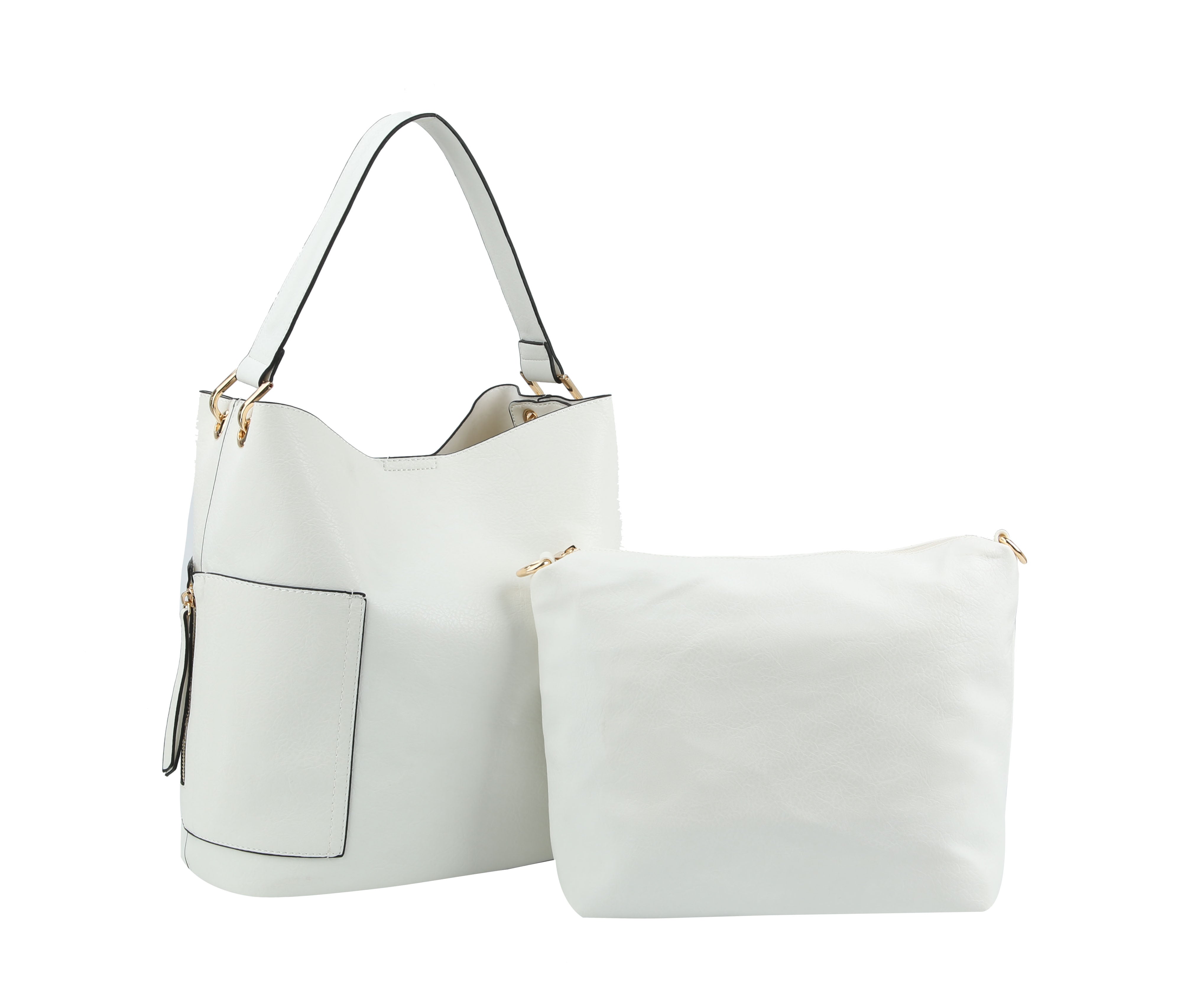 The End Pocket Hobo Two Piece Handbag Set includes a white faux leather hobo bag with a shoulder strap and front pocket, plus a matching zippered pouch. Both feature gold-toned hardware and minimalist design, shown on a white background.