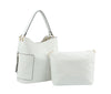 The End Pocket Hobo Two Piece Handbag Set includes a white faux leather hobo bag with a shoulder strap and front pocket, plus a matching zippered pouch. Both feature gold-toned hardware and minimalist design, shown on a white background.