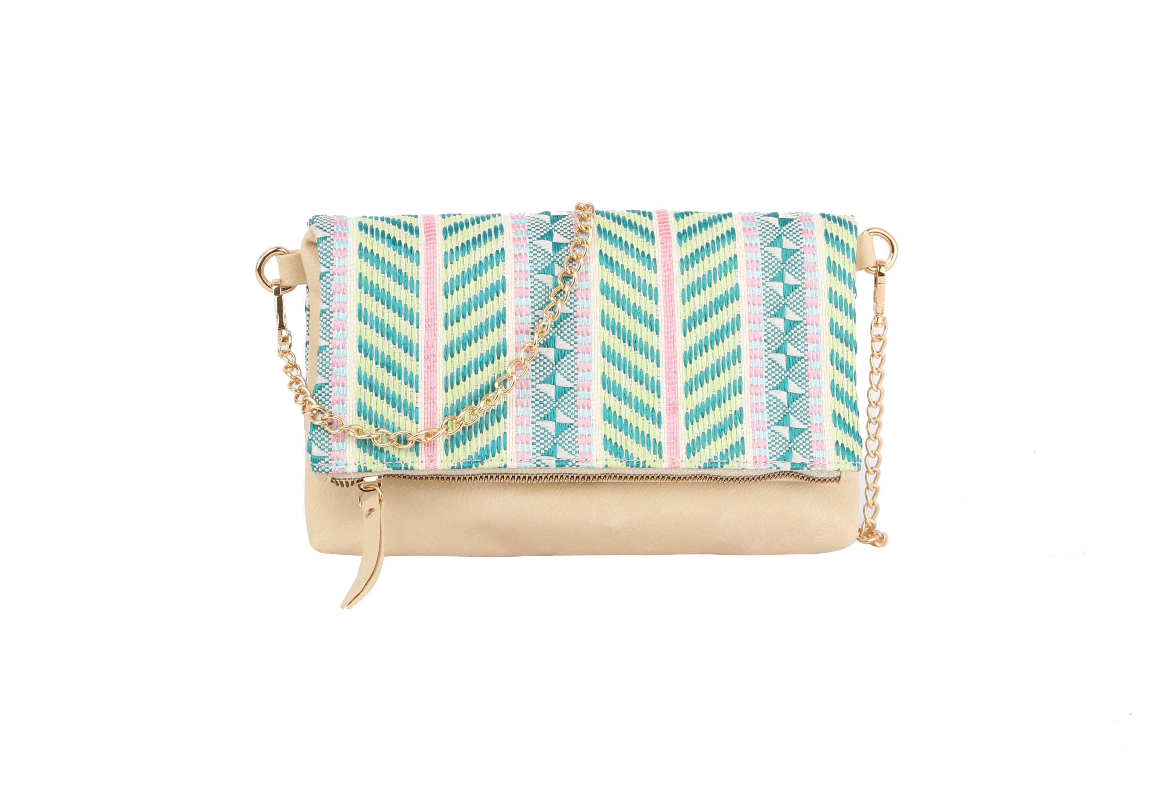 The Colorful Woven Crossbody Bag features a beige faux leather base, a green and blue chevron-patterned flap, gold zipper and hardware, chain strap, and is displayed on a white background.