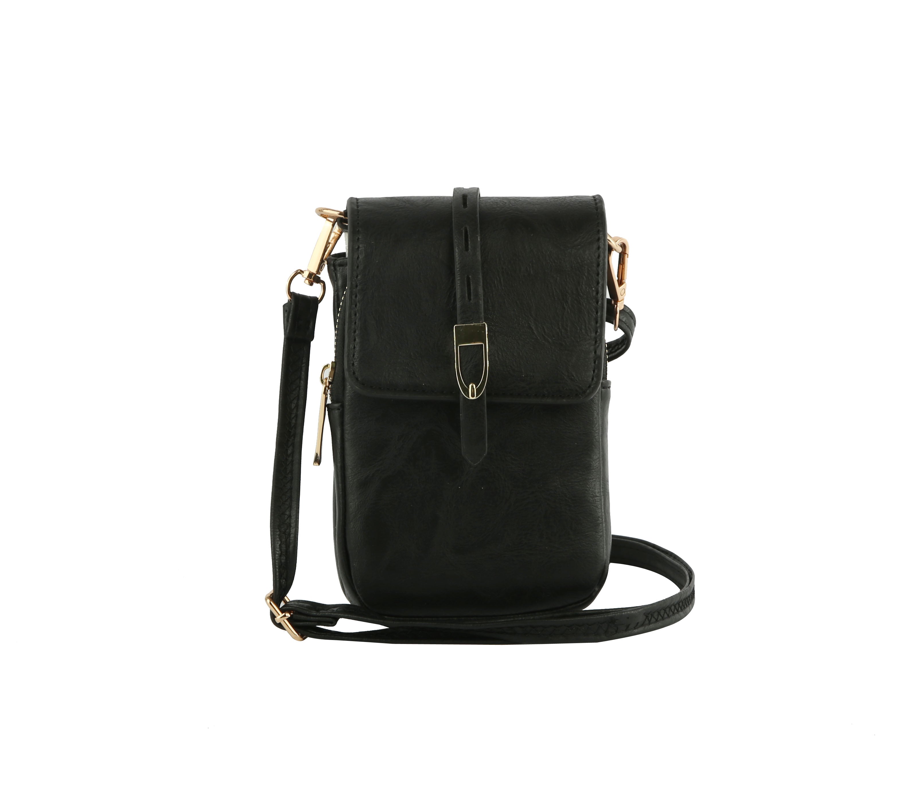 The Front Flap Multi Compartment Cell Phone Crossbody Bag is a small black faux leather bag with a front flap, buckle detail, gold-toned hardware, and a long detachable adjustable strap, shown against a white background.