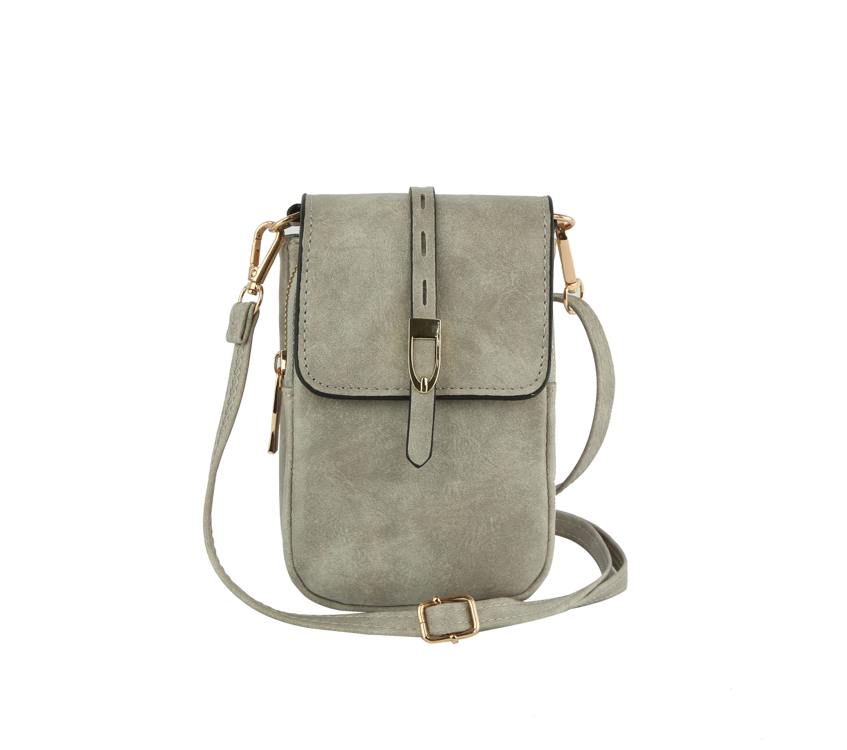 The Front Flap Multi Compartment Cell Phone Crossbody Bag is a small light gray faux leather bag with a detachable adjustable strap, gold-toned buckle hardware, and front flap, shown against a white background.