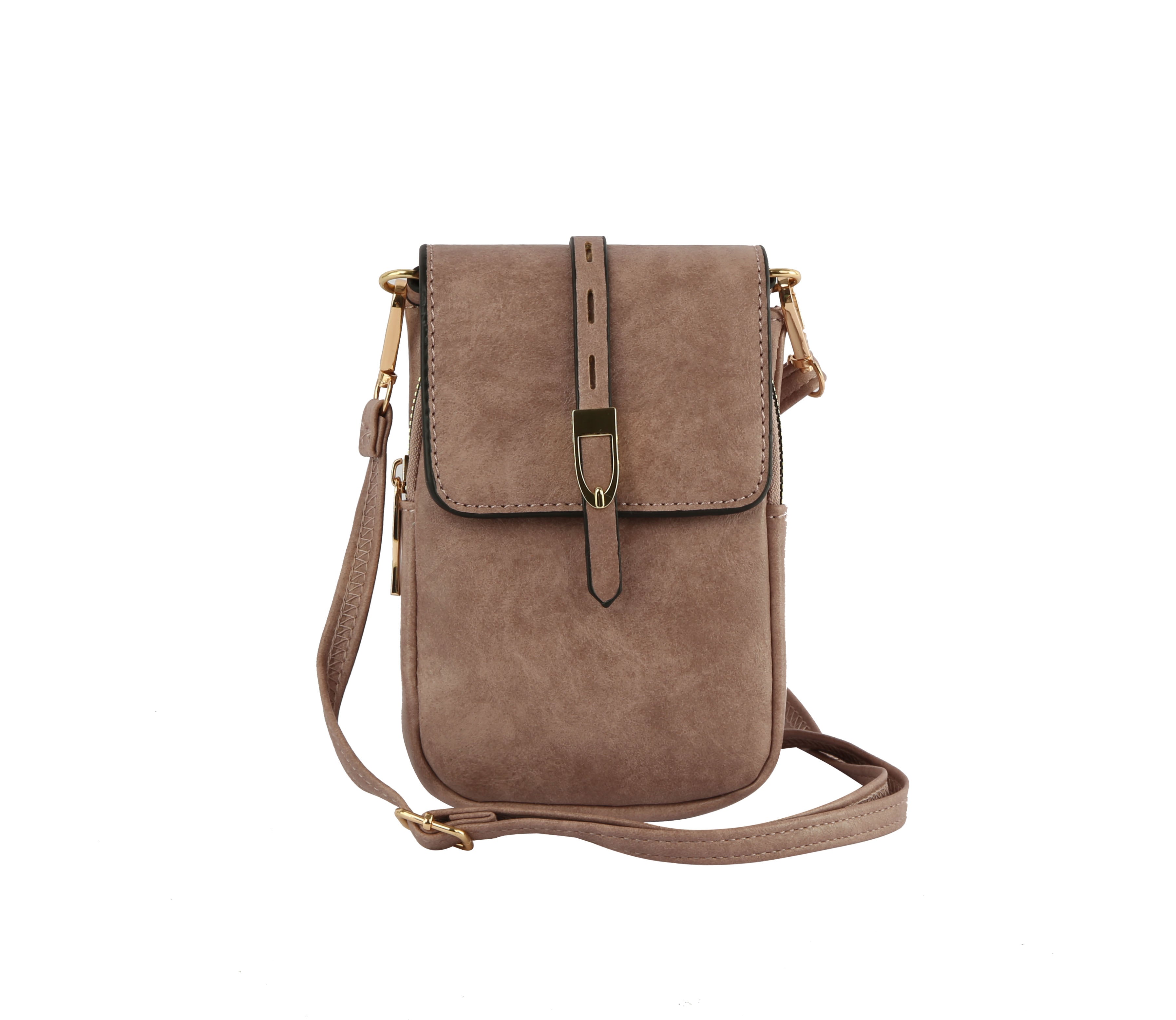 The Front Flap Multi Compartment Cell Phone Crossbody Bag is a small, light brown faux leather bag with gold-toned hardware, a detachable adjustable strap, and front flap, shown against a white background.