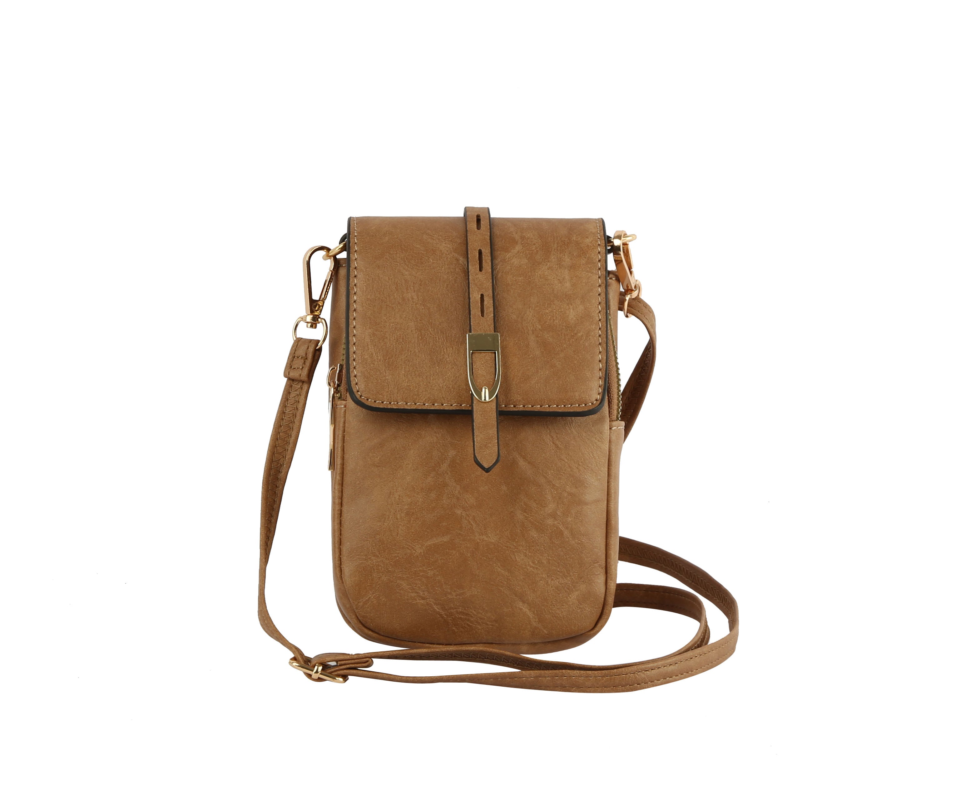 The Front Flap Multi Compartment Cell Phone Crossbody Bag features light brown faux leather, gold-tone hardware, a buckle-secured front flap, and a detachable adjustable strap, shown against a white background.