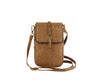The Front Flap Multi Compartment Cell Phone Crossbody Bag features light brown faux leather, gold-tone hardware, a buckle-secured front flap, and a detachable adjustable strap, shown against a white background.