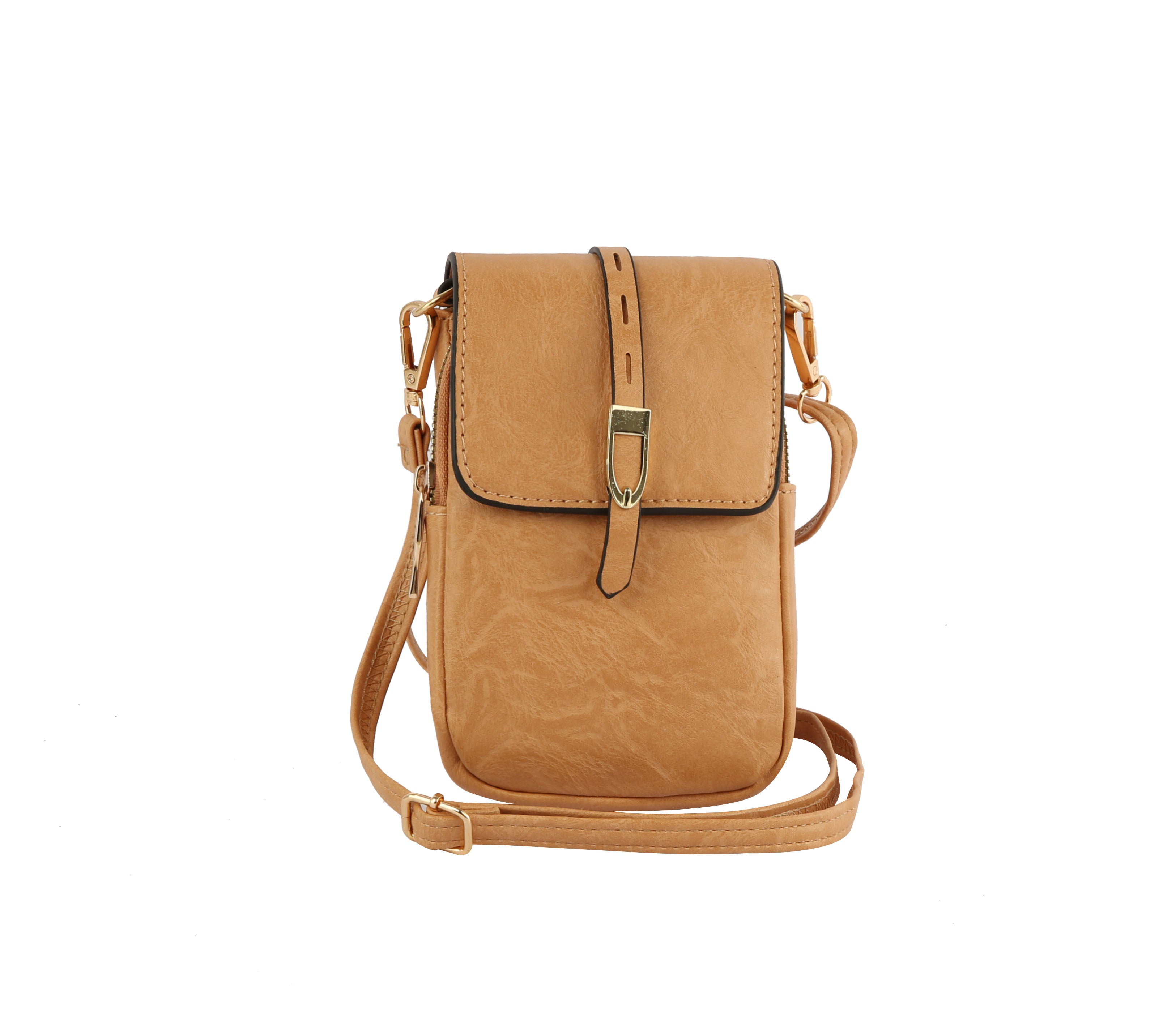 The Front Flap Multi Compartment Cell Phone Crossbody Bag in tan faux leather features a flap closure, gold buckle and hardware, an adjustable strap, and is shown against a plain white background.