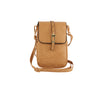 The Front Flap Multi Compartment Cell Phone Crossbody Bag in tan faux leather features a flap closure, gold buckle and hardware, an adjustable strap, and is shown against a plain white background.