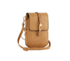The Front Flap Multi Compartment Cell Phone Crossbody Bag is a tan faux leather bag with a simple, slim design, detachable adjustable strap, and gold-toned hardware on the front flap.