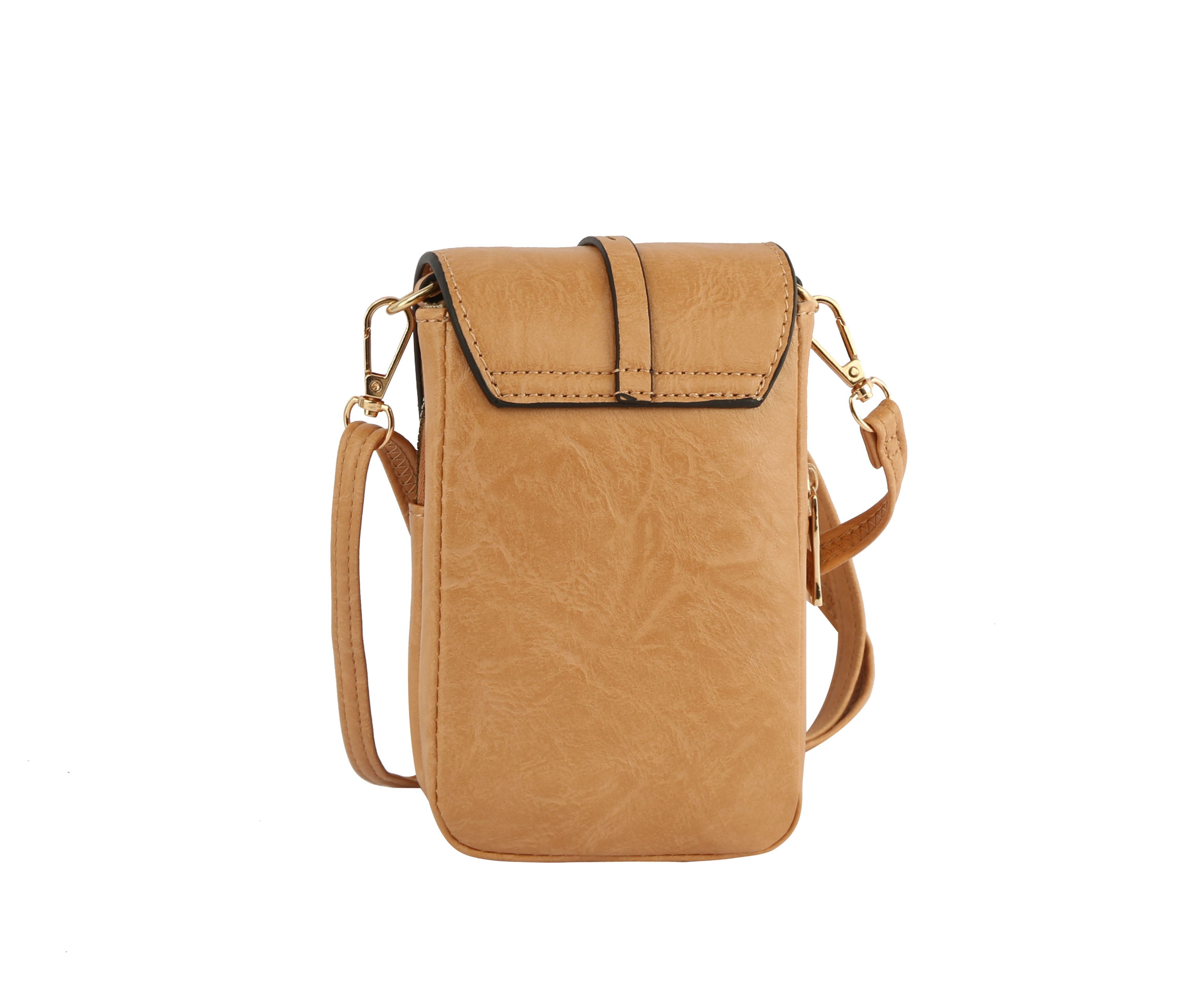 The Front Flap Multi Compartment Cell Phone Crossbody Bag in tan faux leather features a flap closure, gold-toned hardware, and a detachable adjustable strap, shown upright against a plain white background.