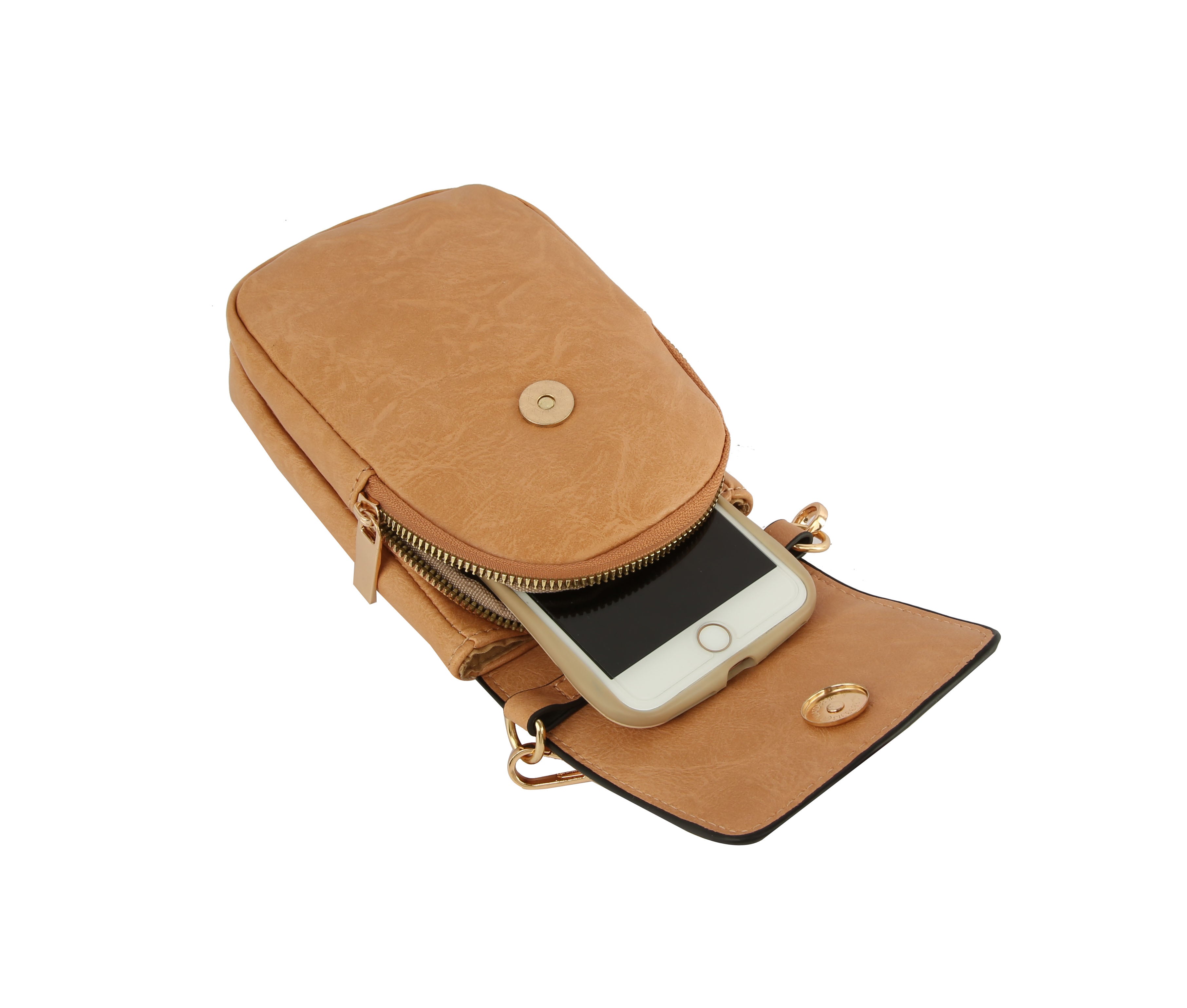 The Front Flap Multi Compartment Cell Phone Crossbody Bag features tan faux leather, gold-toned hardware, a partially unzipped main compartment showing a white smartphone, an open front flap, and a detachable adjustable strap on a white background.