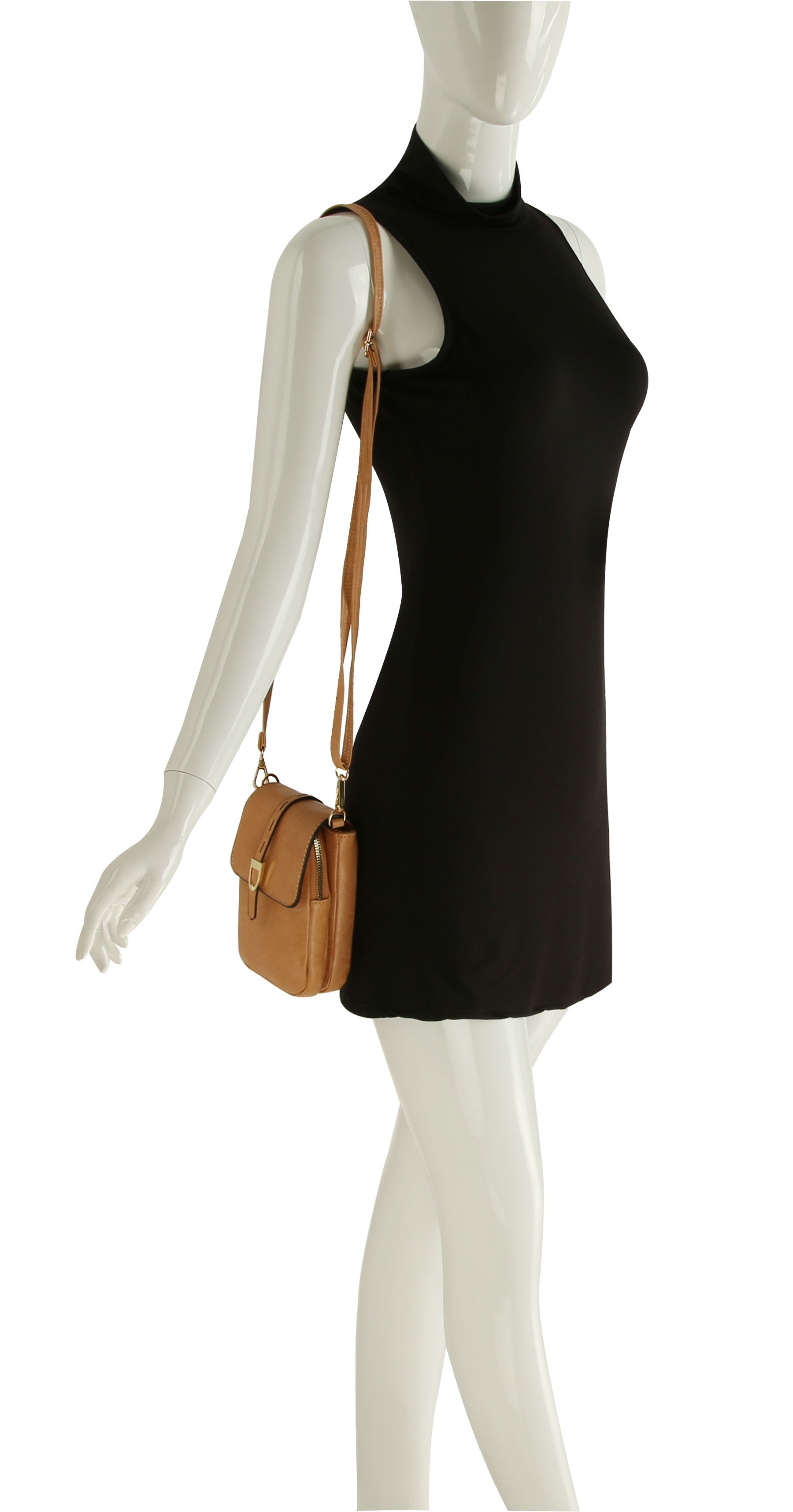 A mannequin in a sleeveless black mini dress carries the Front Flap Multi Compartment Cell Phone Crossbody Bag, a small tan bag with a detachable adjustable strap and gold-toned hardware, displayed against a white background.