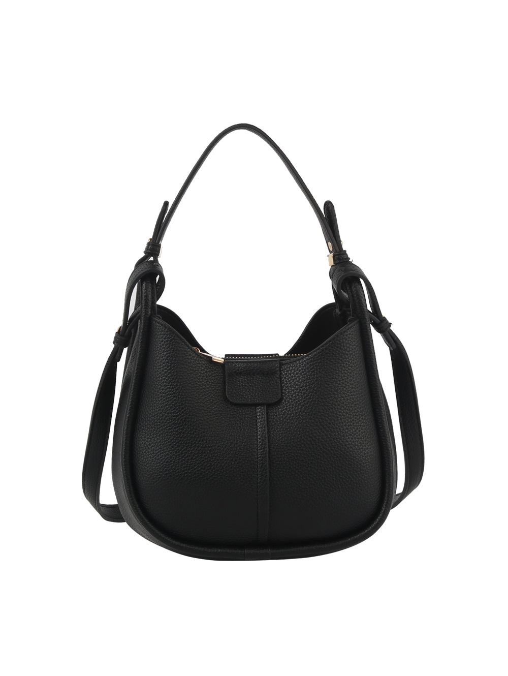 The Faux Leather Shoulder Bag features a black curved design, top handle, gold-toned hardware, adjustable shoulder strap, and front flap closure, displayed on a plain white background.