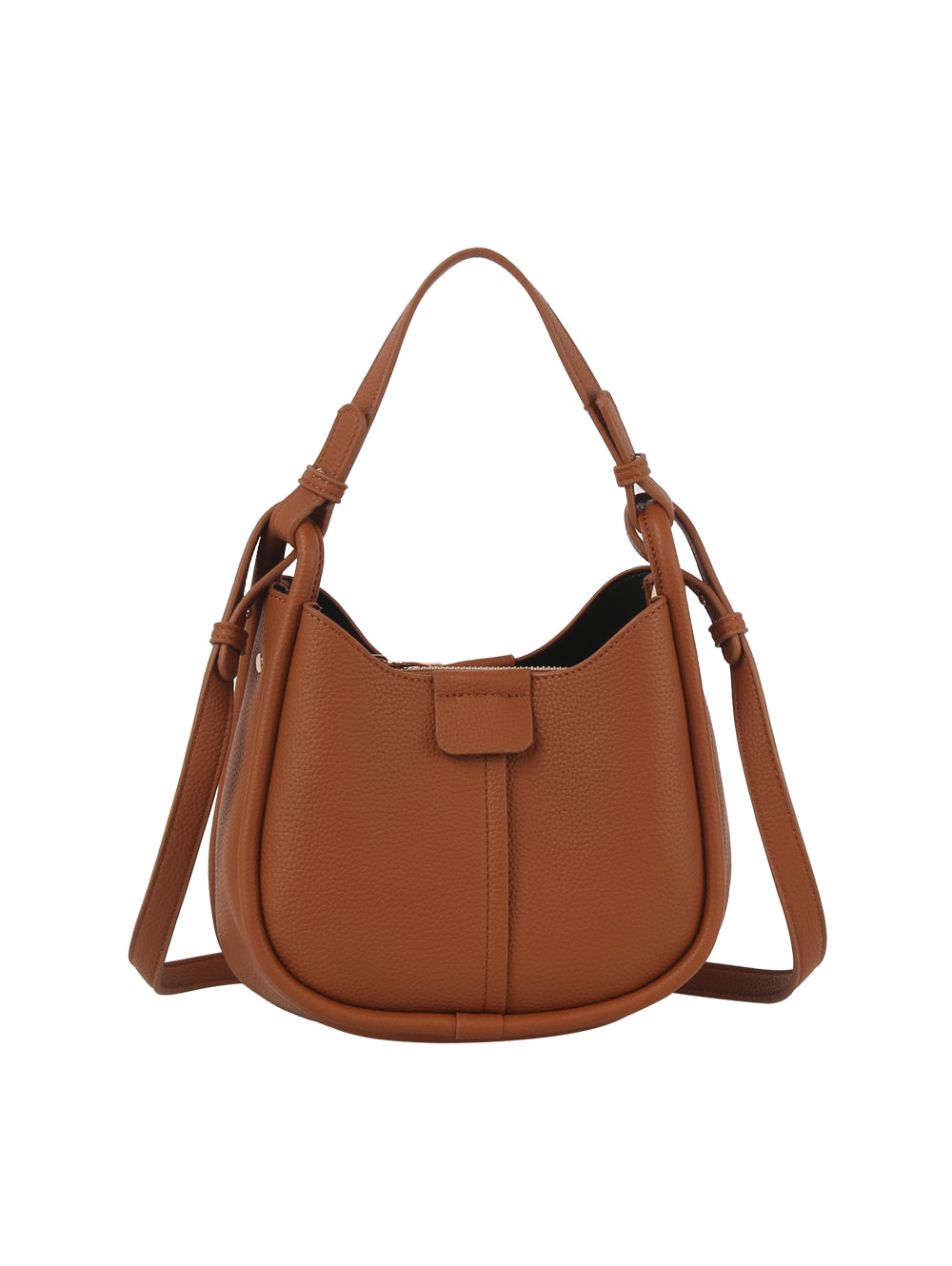 The Faux Leather Shoulder Bag features brown faux leather, a short handle, gold-toned hardware, an adjustable shoulder strap, a curved structured shape, and a small flap top closure, shown on a white background.