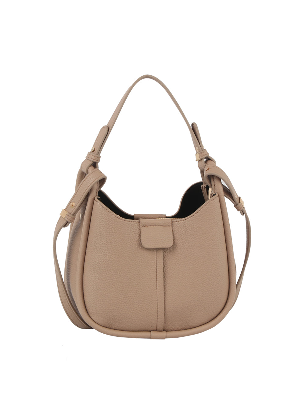 The Faux Leather Shoulder Bag features beige pebbled faux leather, a short handle, detachable strap, curved shape, front flap with magnetic closure, and gold-toned hardware for an elegant look.