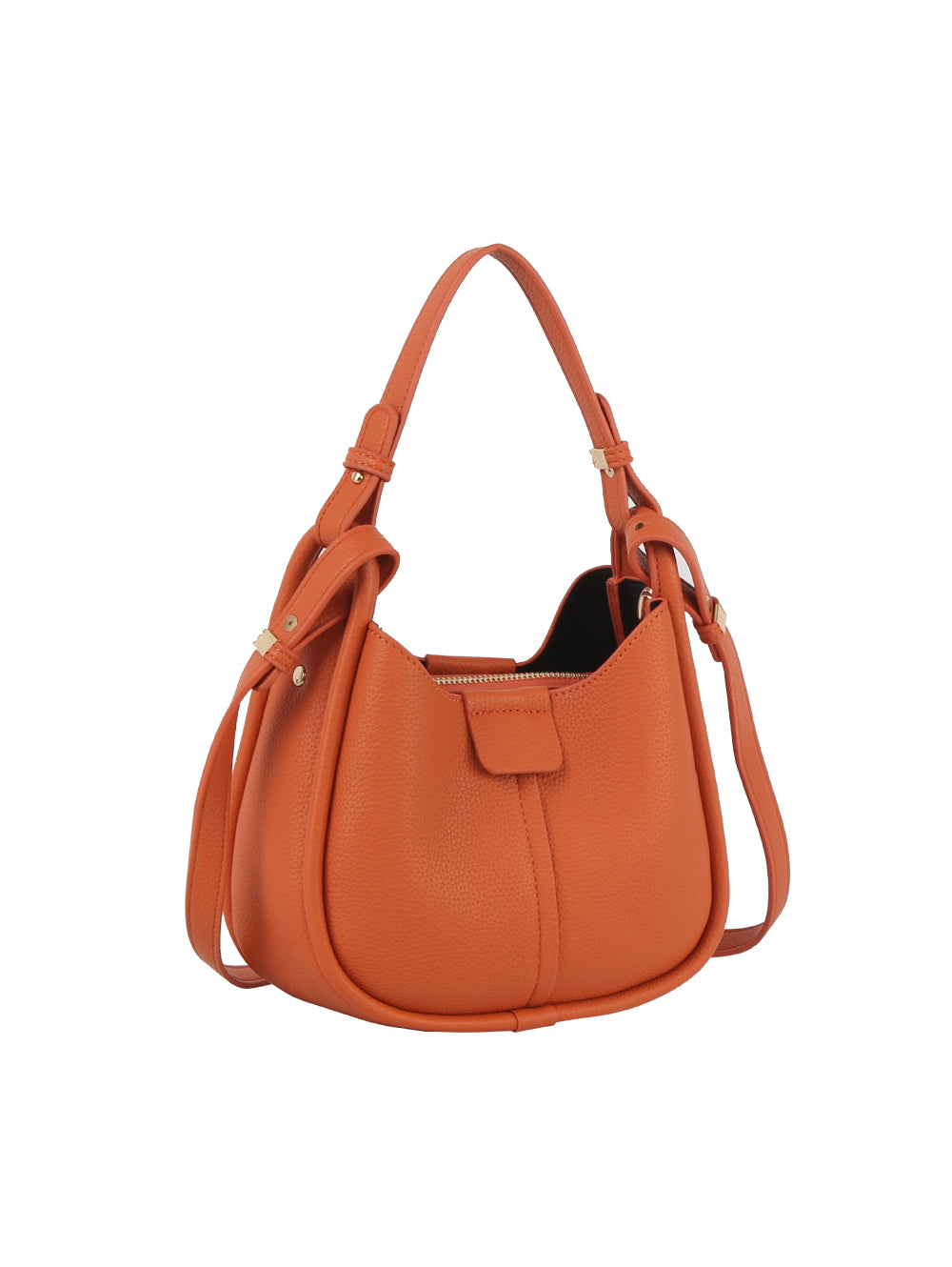 The Faux Leather Shoulder Bag features a stylish orange design with a curved shape, top handle, gold-toned hardware, adjustable shoulder strap, and a front flap closure, shown against a white background.