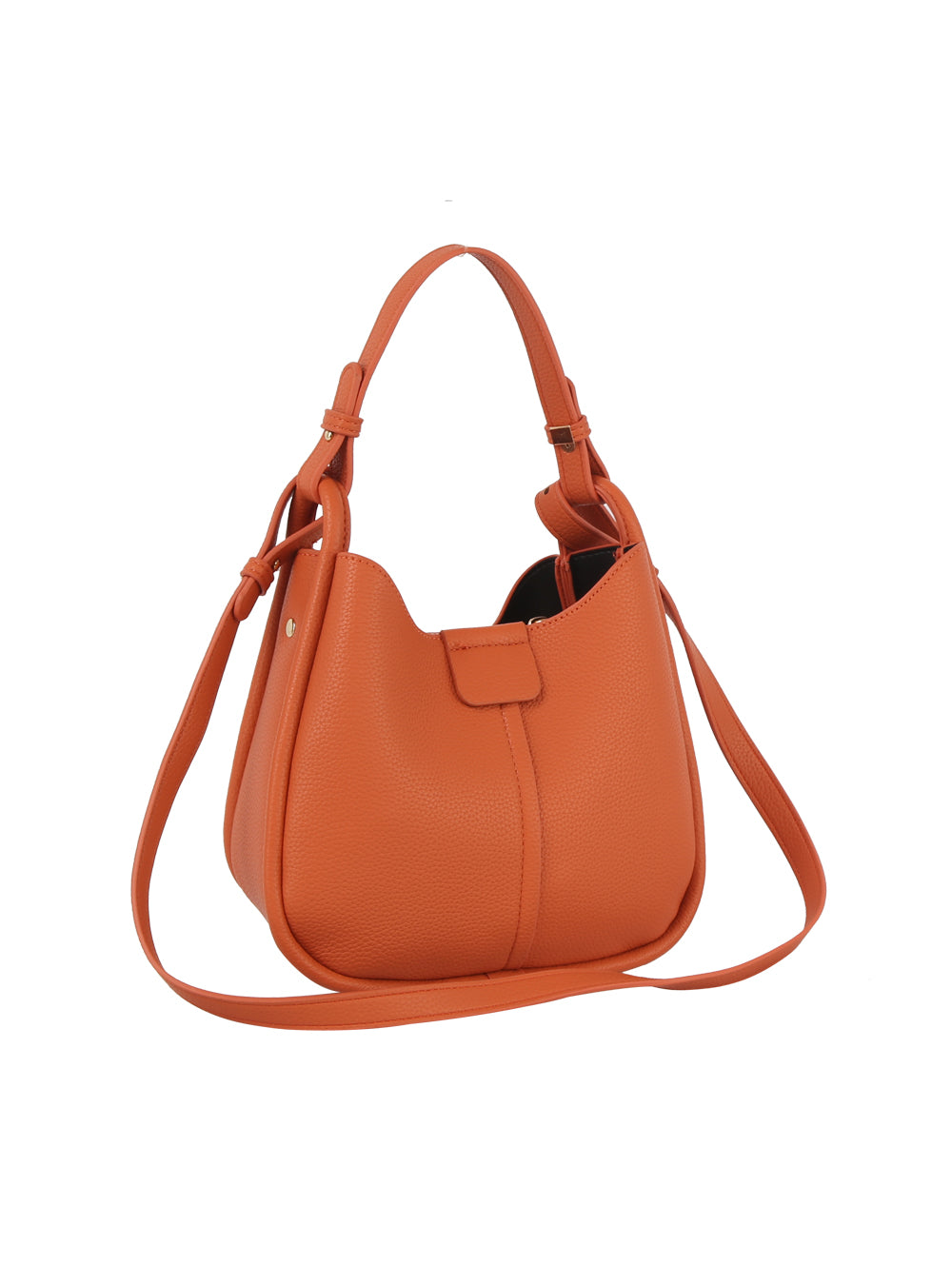 The Faux Leather Shoulder Bag is a medium, orange, curved handbag with a short top handle, long adjustable strap, gold-toned hardware, textured surface, and an open top with a small flap closure.