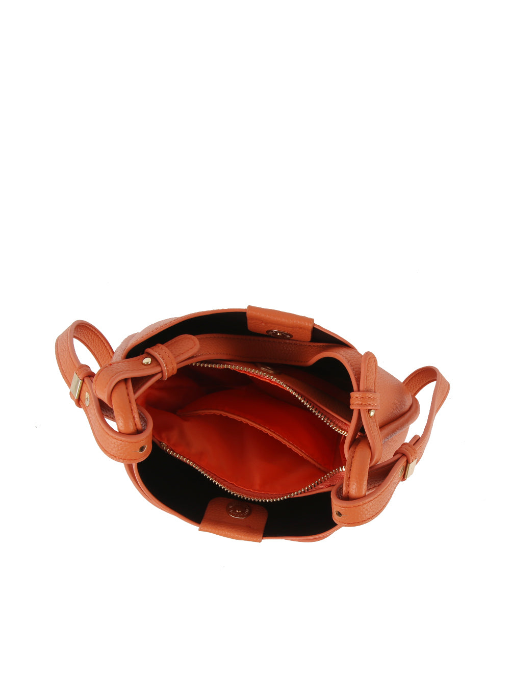 Top view of the Faux Leather Shoulder Bag featuring a top zip closure, gold-toned hardware, two handles, and a spacious red-lined interior with a zippered inner pocket.