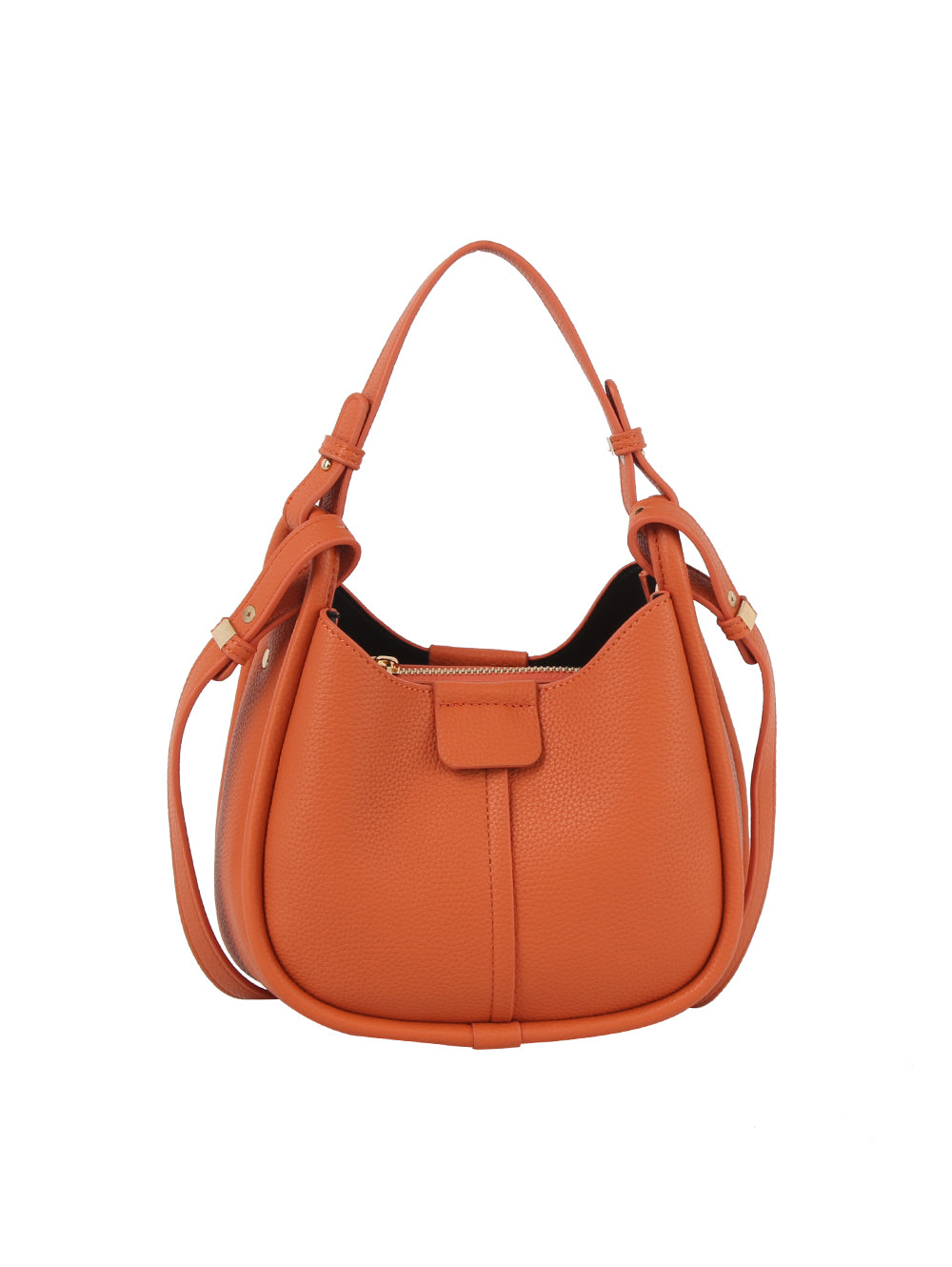 The Faux Leather Shoulder Bag is an orange handbag with a top handle, detachable strap, textured finish, front flap pocket, and gold-toned hardware accents.