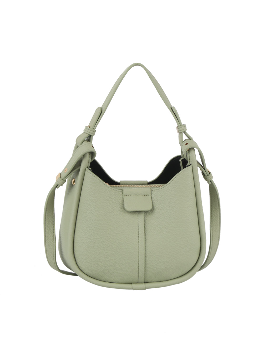 The Faux Leather Shoulder Bag is light green with a curved shape, top handle, detachable strap, gold-toned hardware, and front flap detail, displayed against a plain white background.