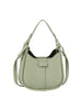 The Faux Leather Shoulder Bag is light green with a curved shape, top handle, detachable strap, gold-toned hardware, and front flap detail, displayed against a plain white background.