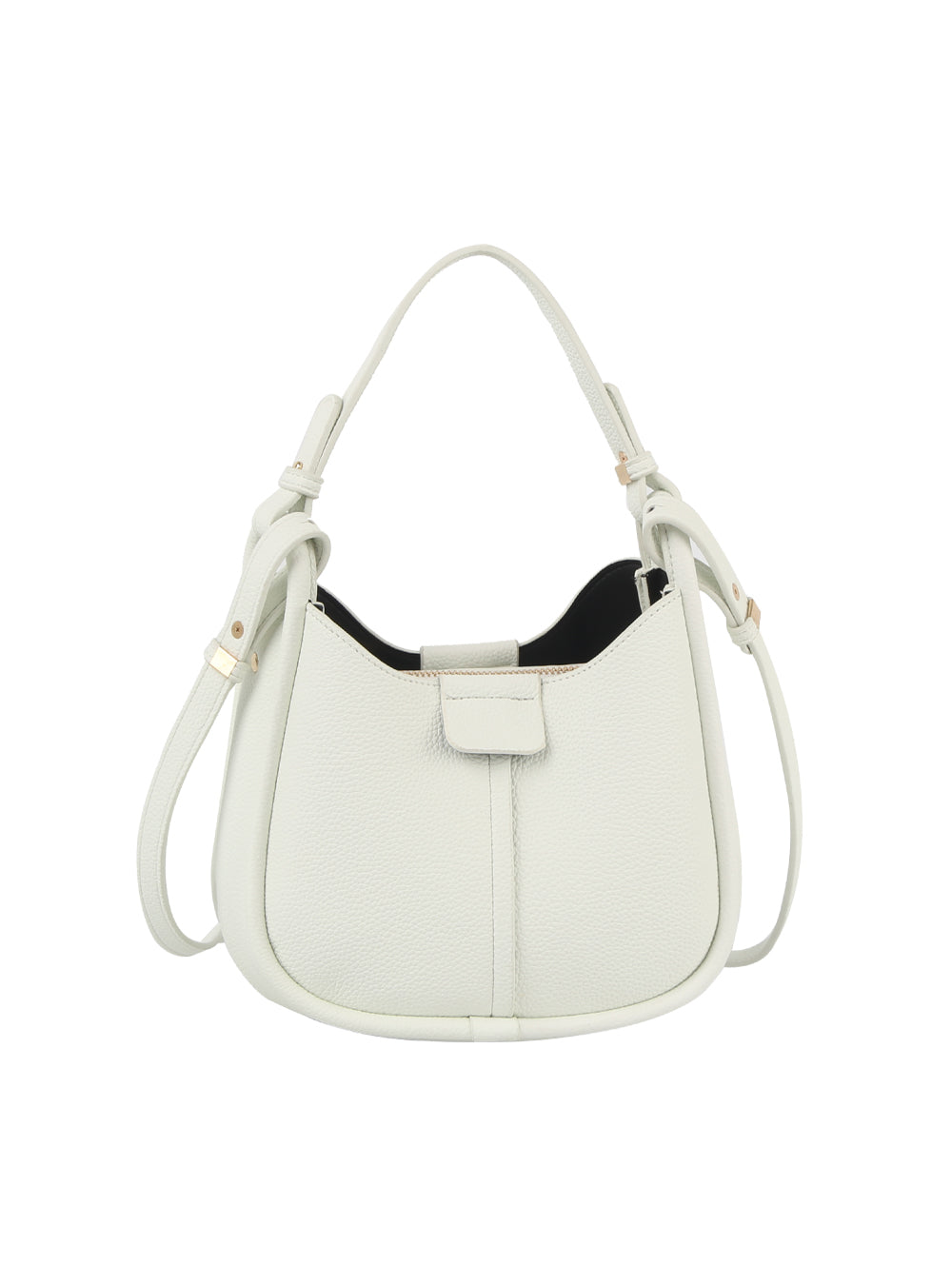 The Faux Leather Shoulder Bag features a curved white design, short handle, gold-tone hardware, an adjustable detachable shoulder strap, a front tab closure, and a dark interior.