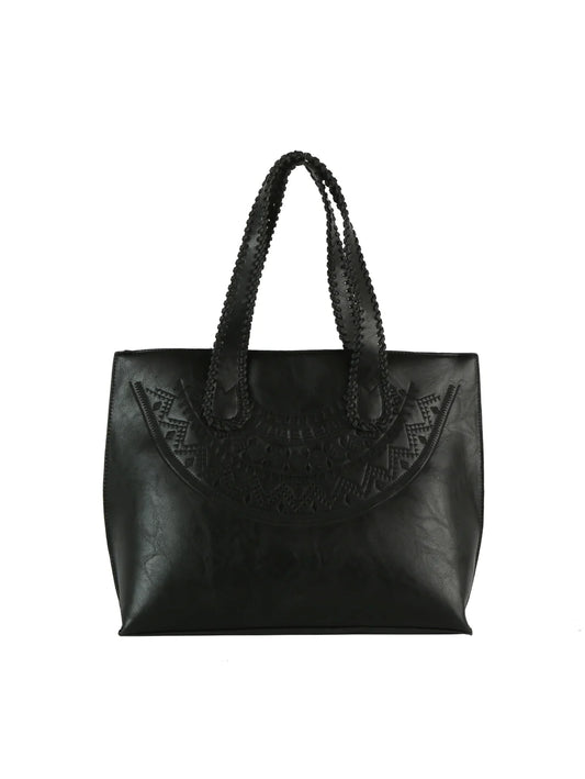 Embossed Whipstitched Accented Tote Handbag