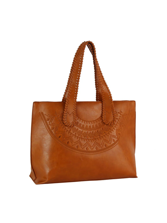 Embossed Whipstitched Accented Tote Handbag