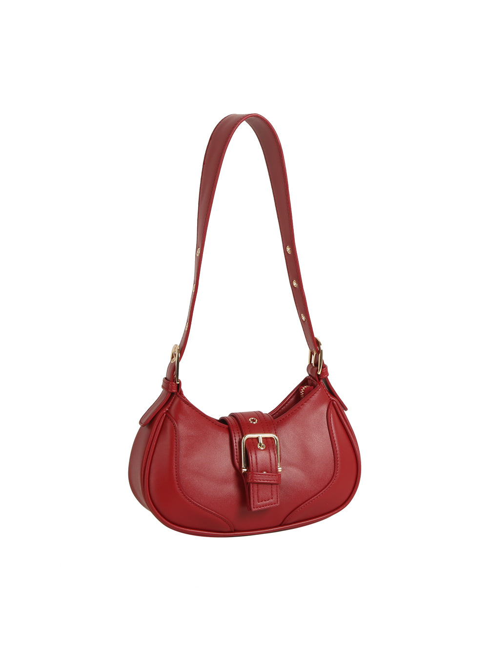 The Buckle Accented Petite Shoulder Bag is a small red faux leather shoulder bag featuring an adjustable strap, gold-toned hardware, and a bold front buckle, displayed against a plain white background.