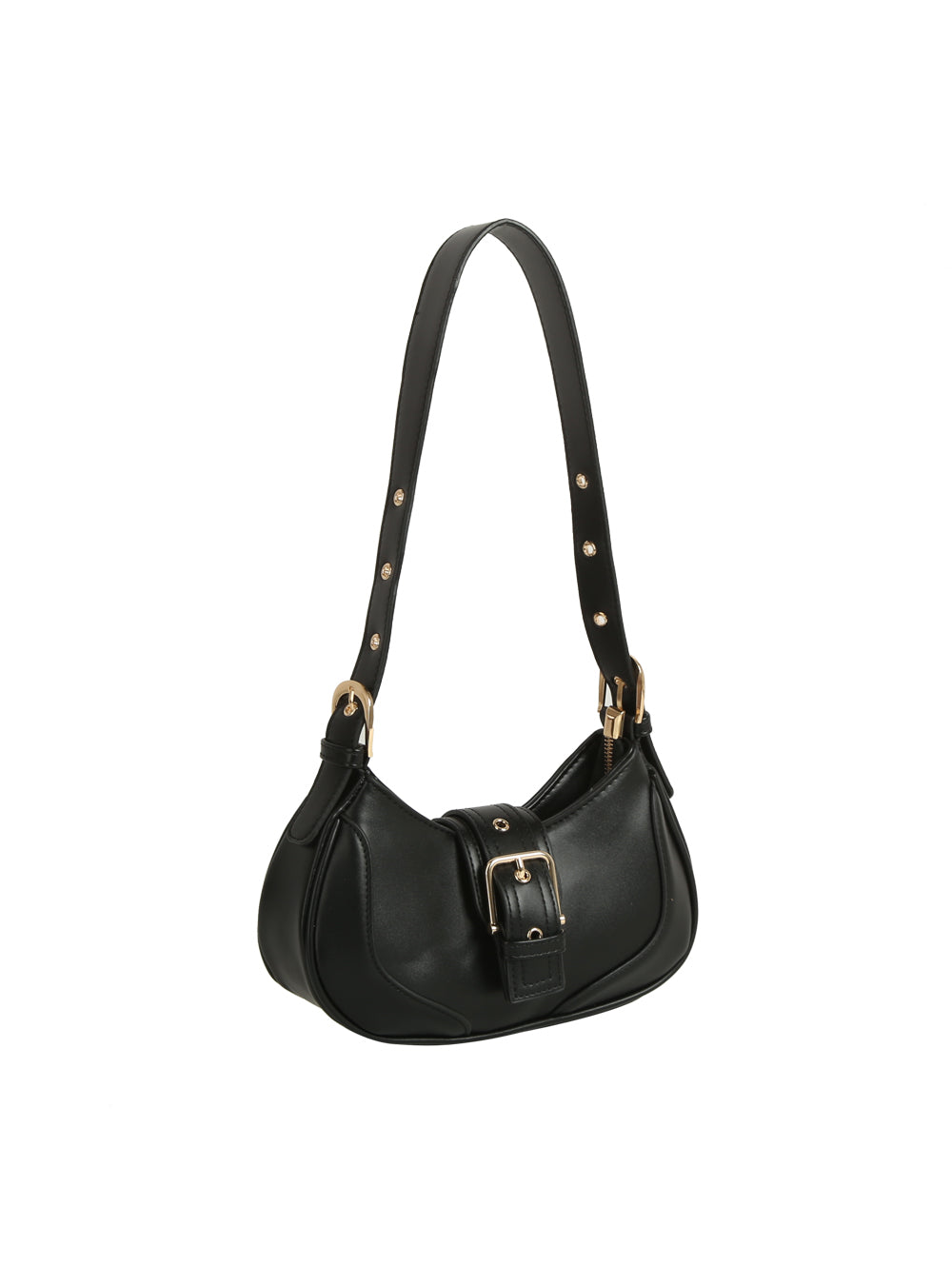 The Buckle Accented Petite Shoulder Bag in black faux leather features an adjustable strap, gold-toned hardware, and rivet details, displayed against a white background.