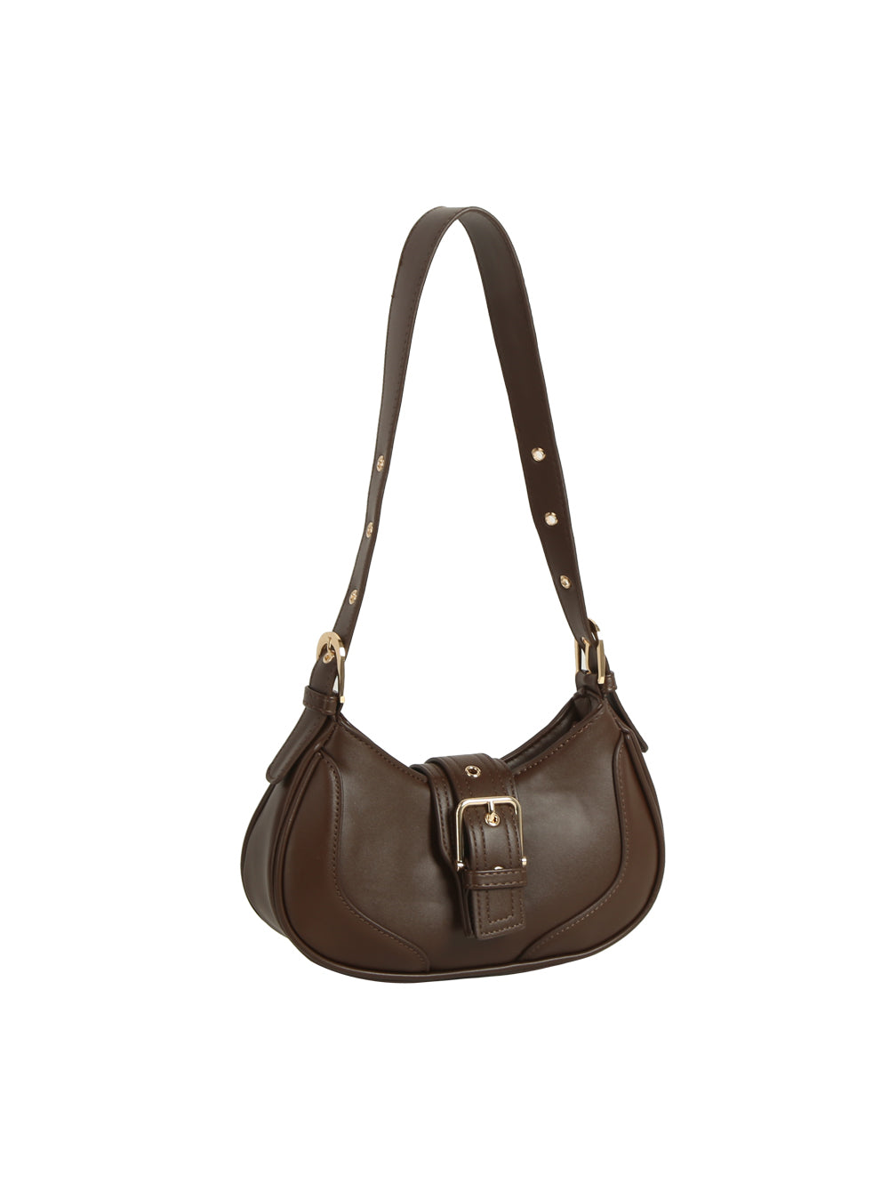 The Buckle Accented Petite Shoulder Bag features brown faux leather, a curved shape, adjustable strap, gold-tone hardware, and a front buckle detail, shown against a white background.