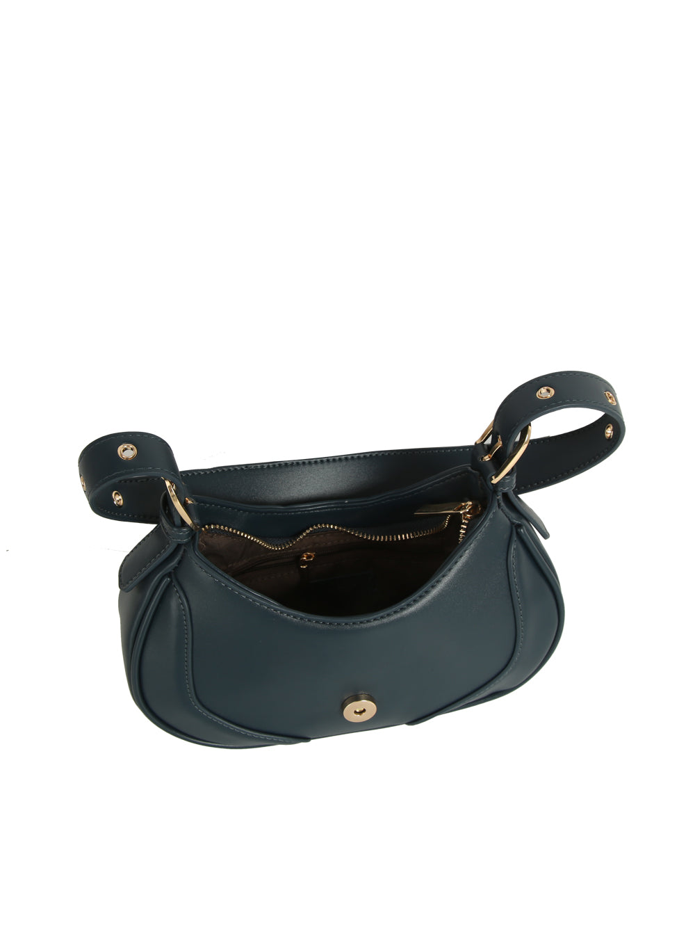 The Buckle Accented Petite Shoulder Bag in teal faux leather features gold-toned hardware and an open view revealing its lined interior and zippered pocket, displayed against a white background.