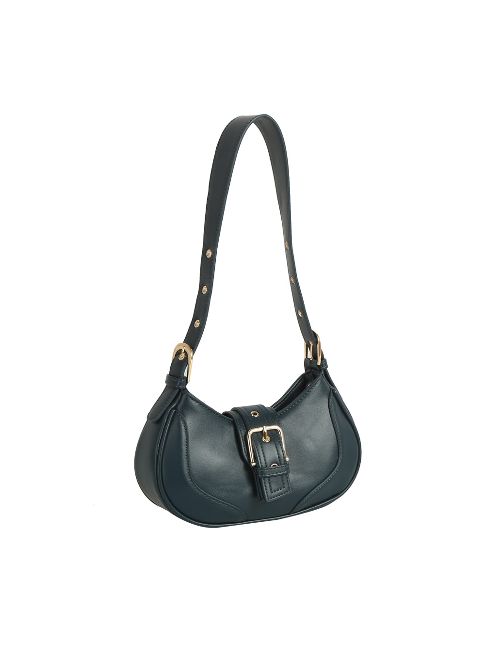 The Buckle Accented Petite Shoulder Bag is black faux leather with a curved shape, gold hardware, a large front buckle, gold studded handle, and adjustable strap. Displayed on a white background.