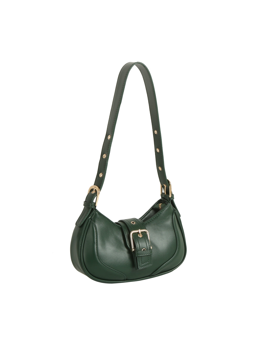 The Buckle Accented Petite Shoulder Bag is a small, dark green faux leather shoulder bag with an adjustable strap, gold-toned hardware, a large front buckle, curved structured shape, and decorative stitching.
