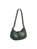 The Buckle Accented Petite Shoulder Bag is a small, dark green faux leather shoulder bag with an adjustable strap, gold-toned hardware, a large front buckle, curved structured shape, and decorative stitching.