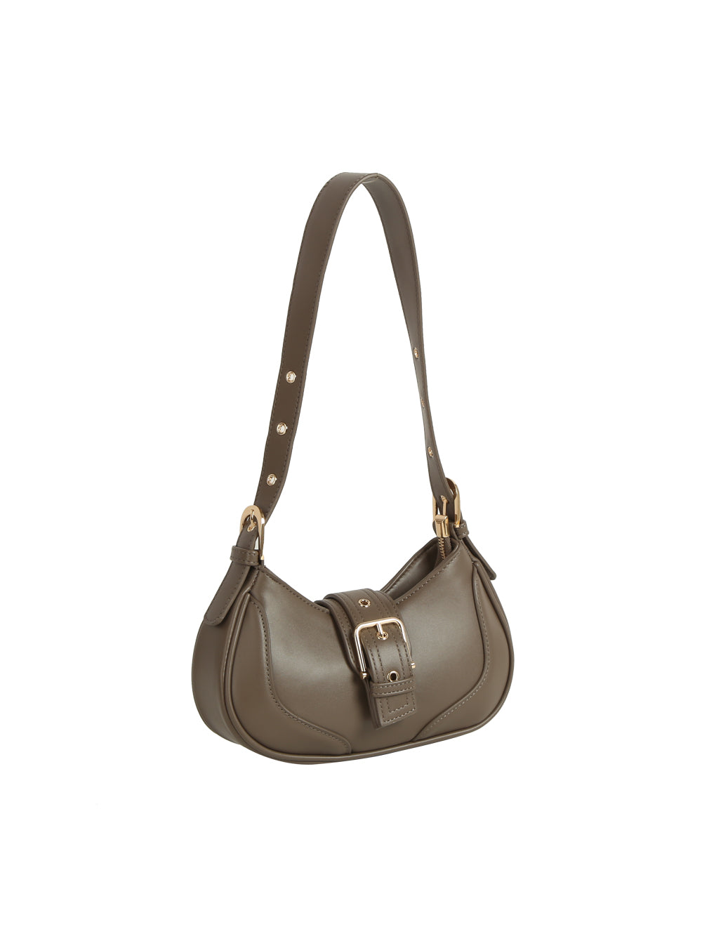 The Buckle Accented Petite Shoulder Bag features taupe faux leather, a curved shape, an adjustable studded strap, gold-tone hardware, and a large front buckle detail.