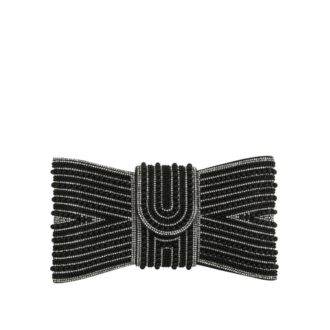 Beaded Bow Evening Clutch with Pearl and Rhinestone Detailing