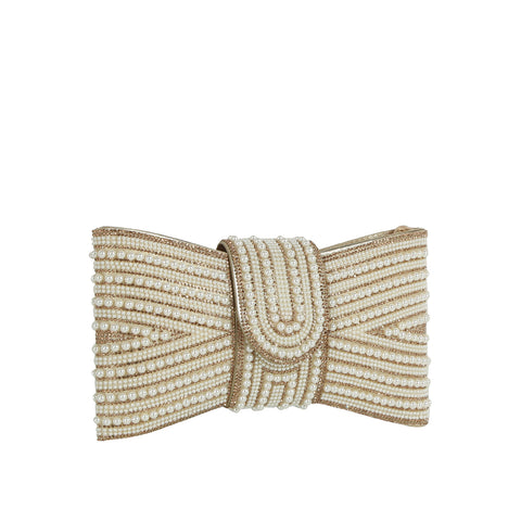 Beaded Bow Evening Clutch with Pearl and Rhinestone Detailing