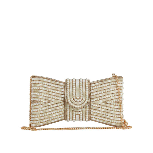 Beaded Bow Evening Clutch with Pearl and Rhinestone Detailing