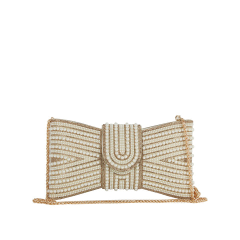 Beaded Bow Evening Clutch with Pearl and Rhinestone Detailing