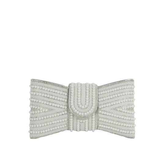 Beaded Bow Evening Clutch with Pearl and Rhinestone Detailing