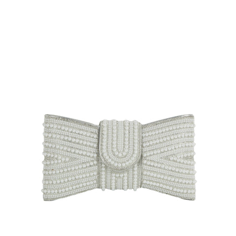Beaded Bow Evening Clutch with Pearl and Rhinestone Detailing