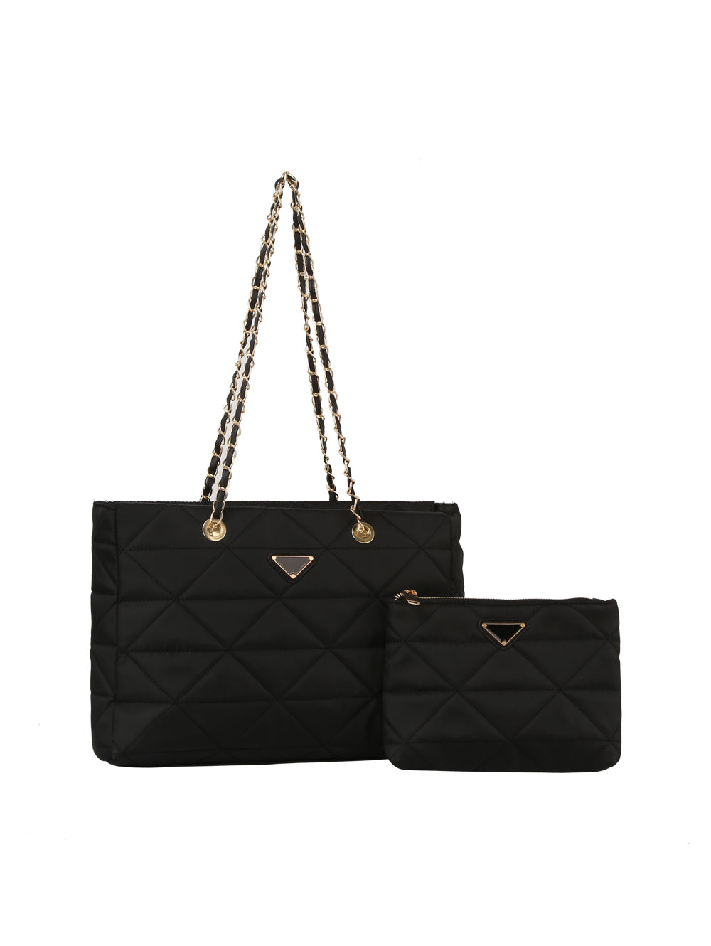 The 2 IN 1 Quilted Nylon Tote Bag Set features a black quilted nylon tote with gold-toned hardware, chain straps, and a matching zippered pouch, both adorned with a triangular gold logo on the front.