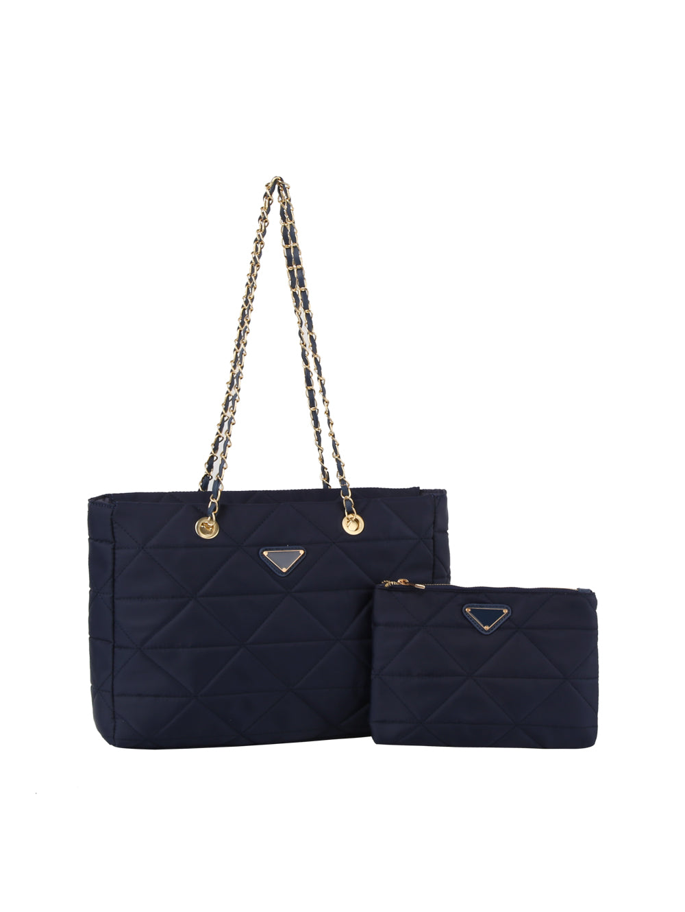 The 2 IN 1 Quilted Nylon Tote Bag Set includes a dark blue quilted nylon tote with gold chain handles and a matching zip pouch, both featuring a triangular metal logo. The tote is tablet compatible and has a secure zip closure.