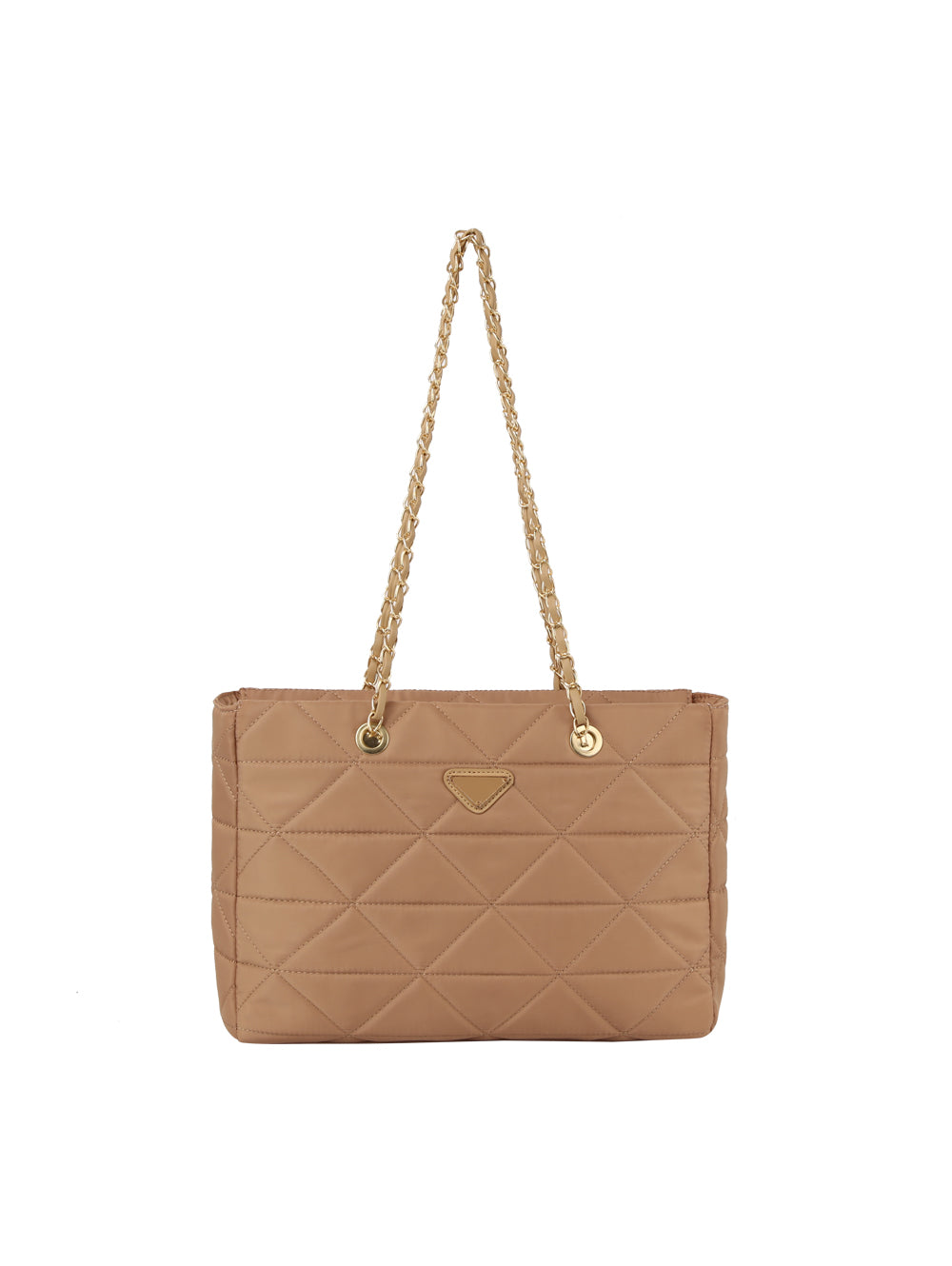 The 2 IN 1 Quilted Nylon Tote Bag Set features a tan quilted nylon design, gold chain shoulder straps, a small gold emblem on the front, and a secure zip closure, all displayed against a plain white background.