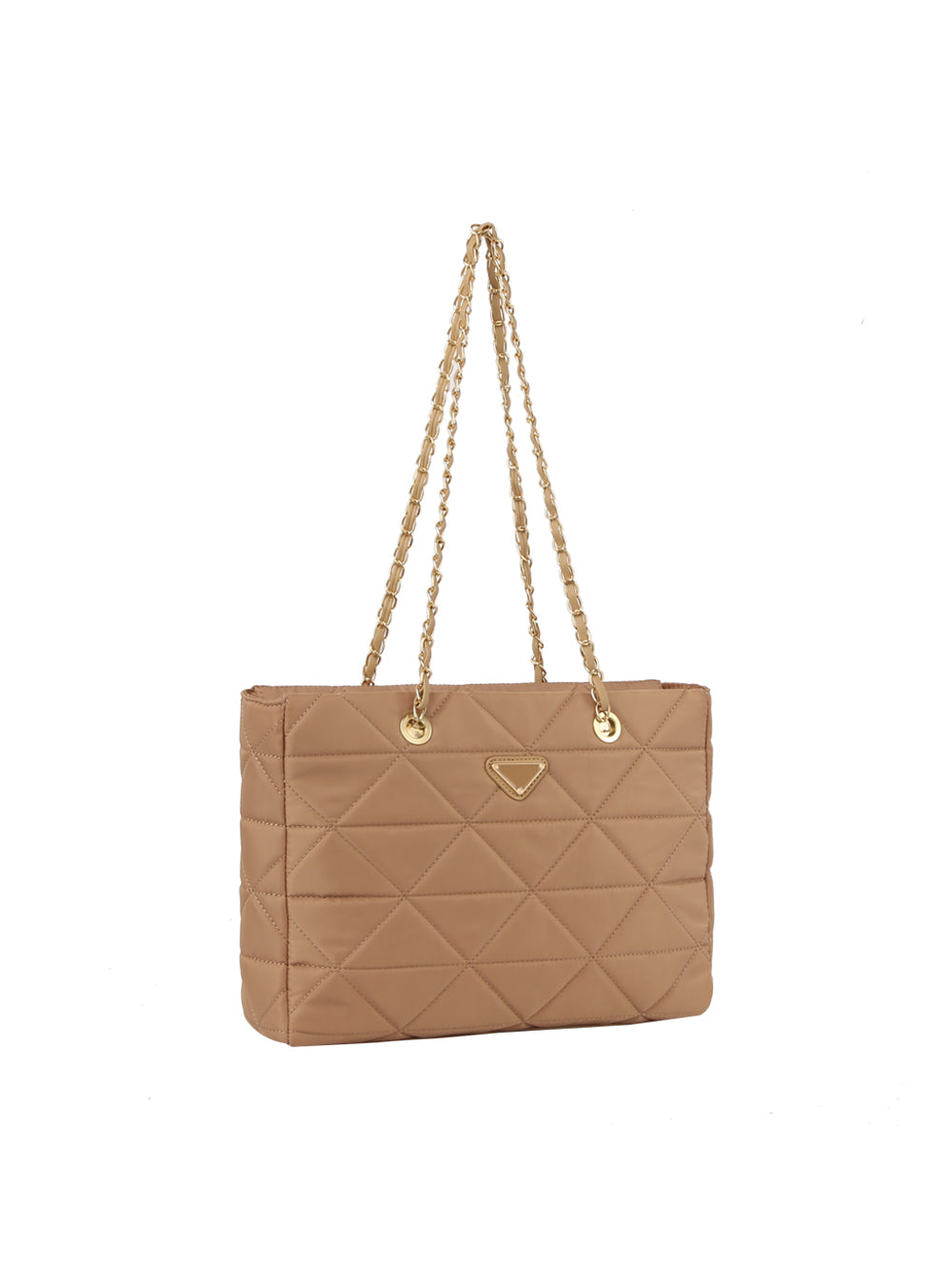 The 2 IN 1 Quilted Nylon Tote Bag Set is shown in tan with gold chain straps, gold hardware, a triangular front accent, and secure zip closure, displayed against a plain white background.