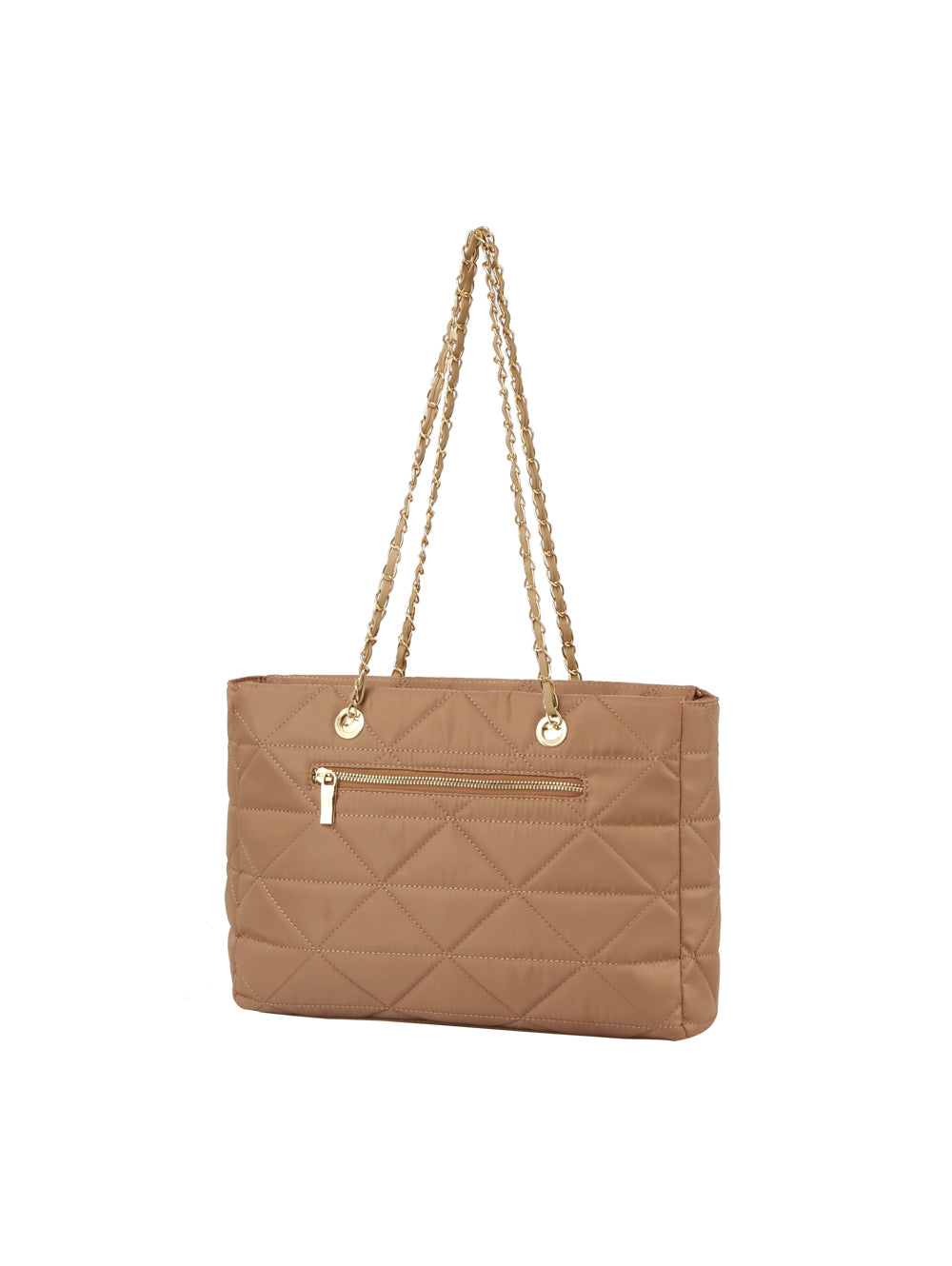 The 2 IN 1 Quilted Nylon Tote Bag Set features a tan quilted design, gold chain double shoulder straps, tablet compatibility, and a front zippered pocket, shown on a white background.