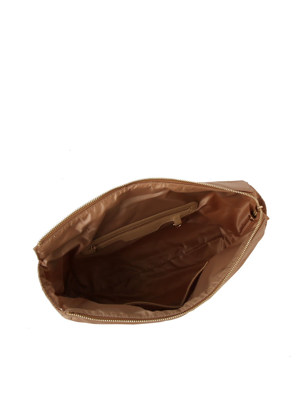 Open 2 IN 1 Quilted Nylon Tote Bag Set in tan nylon reveals a spacious, lined interior with a zippered pocket and partially open zip closure; roomy design fits a tablet.