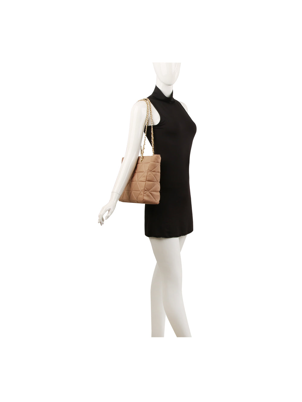 A mannequin in a sleeveless black dress carries the 2 IN 1 Quilted Nylon Tote Bag Set, a beige quilted bag with a gold chain strap and zip closure, on its left shoulder against a plain white background.