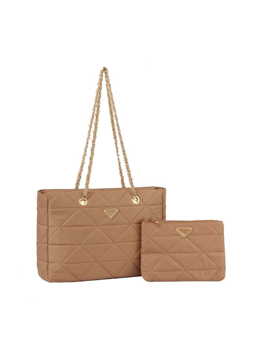 The 2 IN 1 Quilted Nylon Tote Bag Set includes a tan quilted tote with gold chain handles and a matching tablet pouch, both featuring a small triangular gold emblem and secure zip closures.