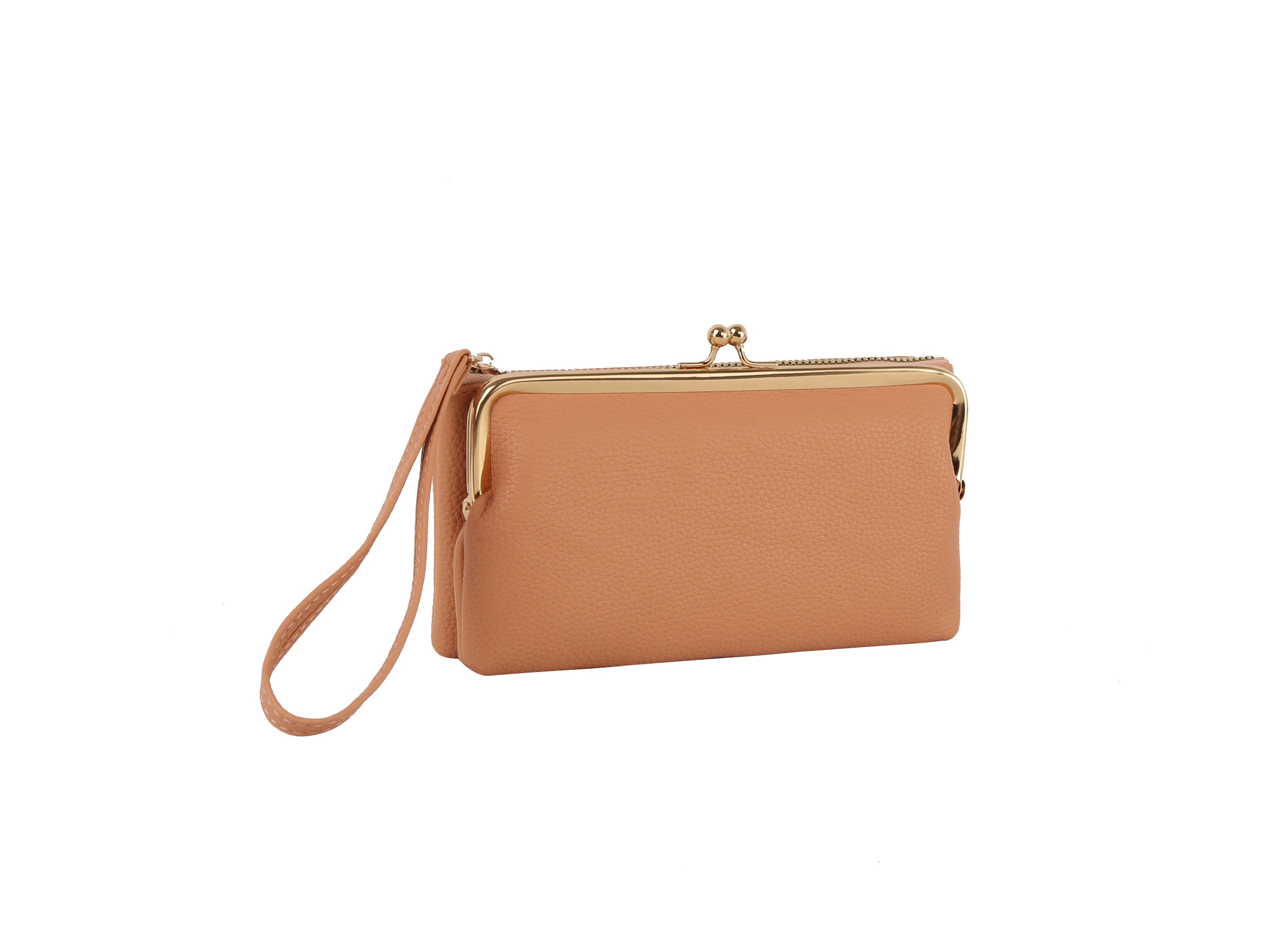 The Wristlet Wallet Set is a tan faux leather clutch with a gold clasp frame and matching wristlet strap, displayed on a white background.